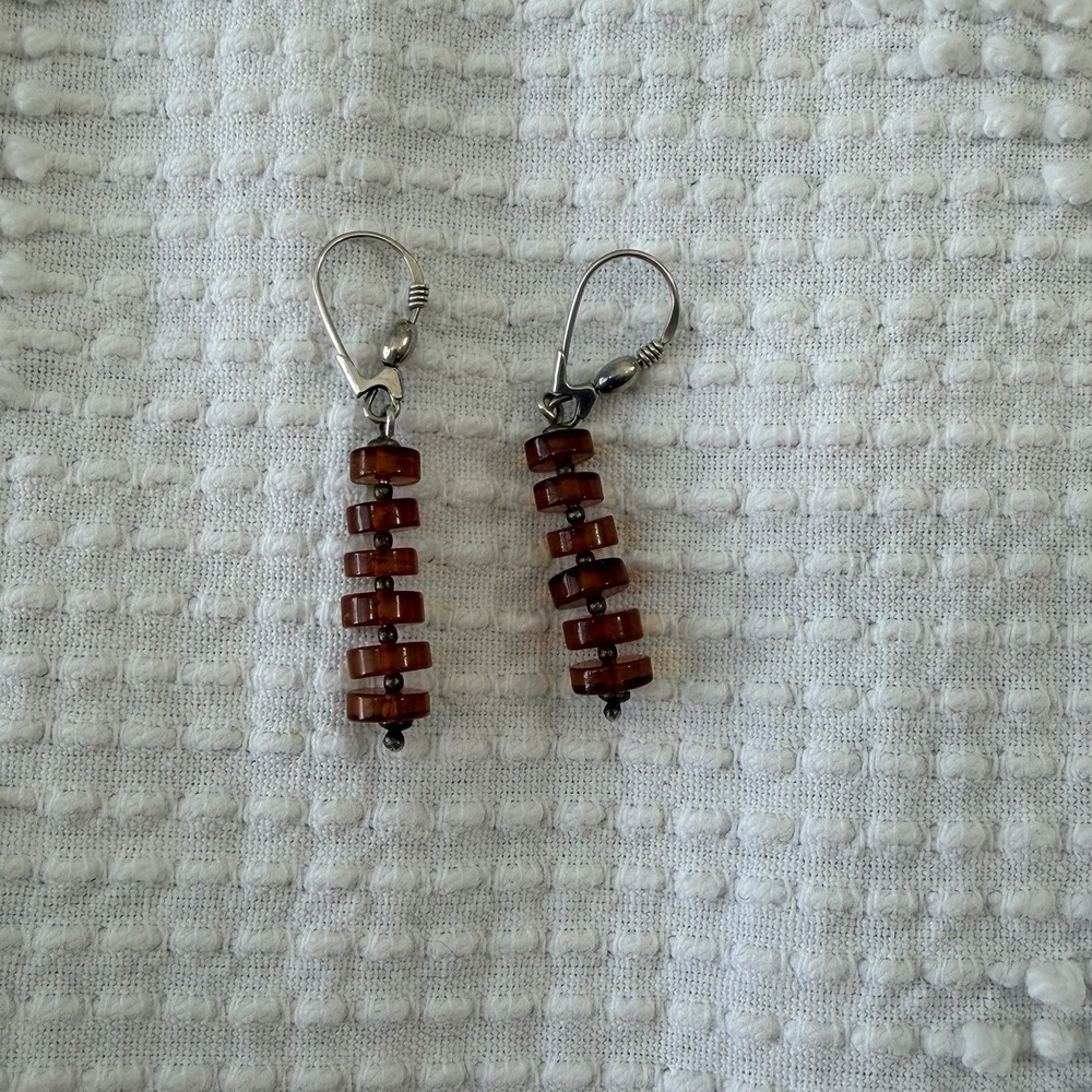 Amber Earrings - Stacked Chips/ Beads, Sterling Silver Lever Back